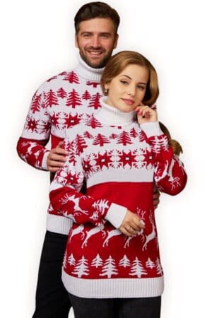 pull noel col roule blanc rouge couple vue de face