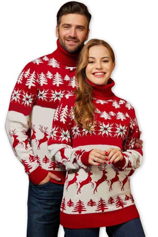 pull noel col roule rouge blanc couple vue de face2