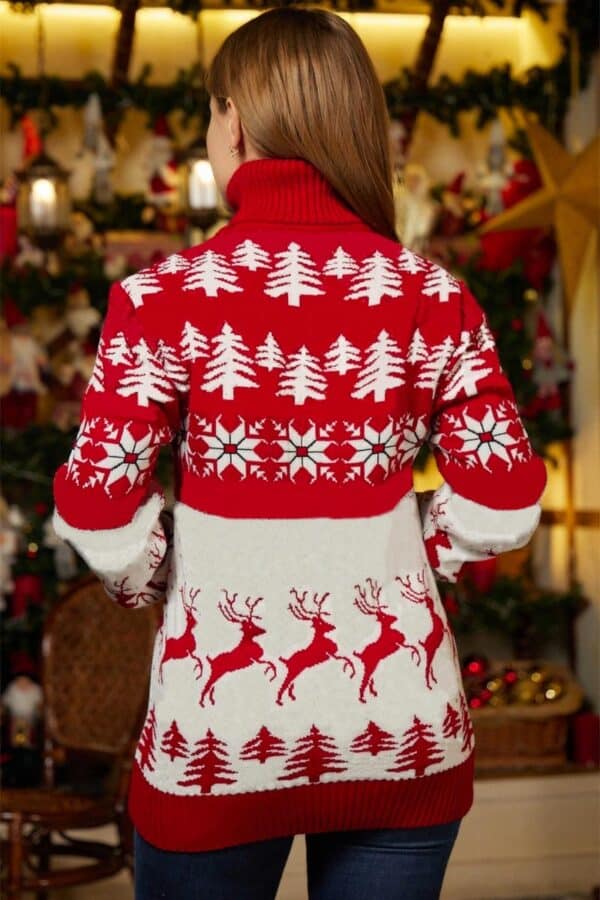 pull noel col roule rouge blanc femme vue de dos