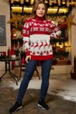 pull noel col roule rouge blanc femme vue de face