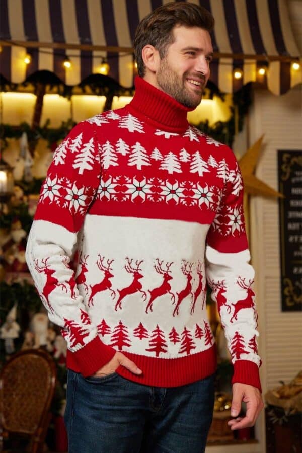 pull noel col roule rouge blanc homme vue de face
