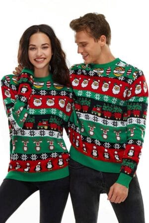 pull noel couple vert rouge patchwork