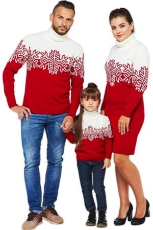 pull noel famille rouge blanc col roule flocon de neige vue de face