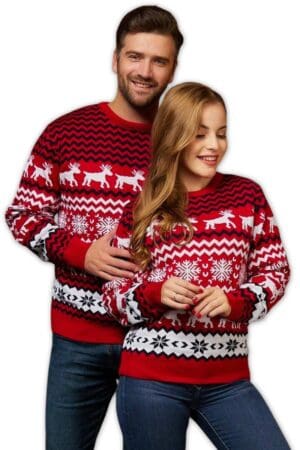 pull renne noel rouge couple vue face2