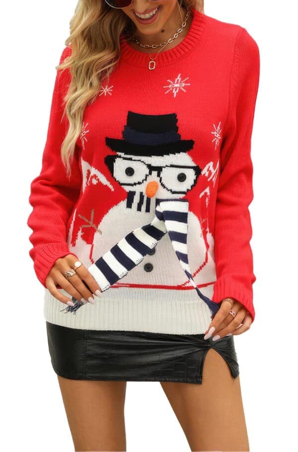 Pull Rouge Bonhomme de neige avec Écharpe Pull Rouge Bonhomme de neige avec Écharpe