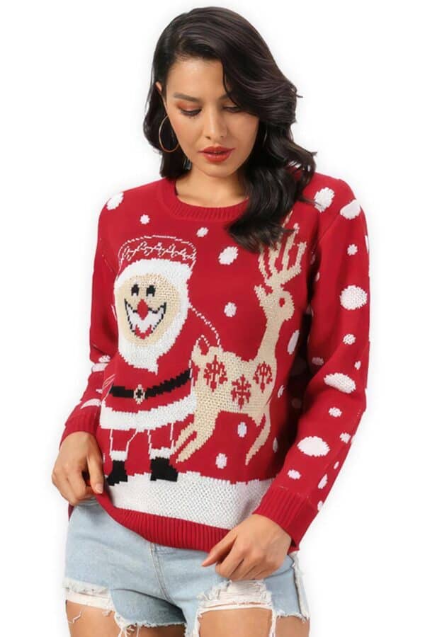 Pull Rouge Renne et Père Noël